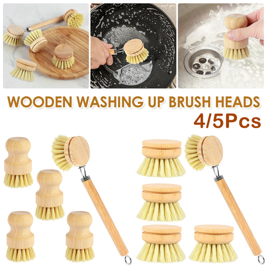 4/5-pack bamboo dishwashing brushes with replaceable heads